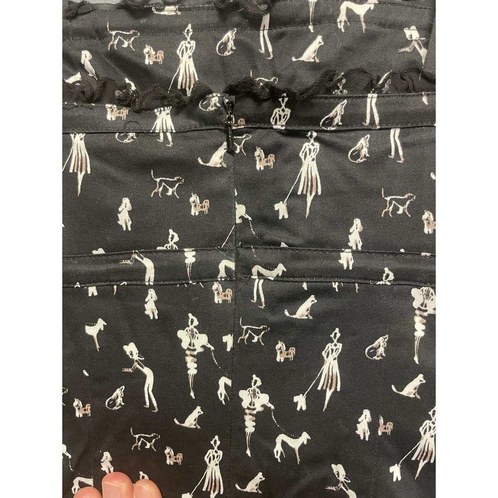 Black Novelty Dog Walker Print Ruffle Trim Sheath Dress Sleeveless Square‎ Neck - Picture 9 of 12